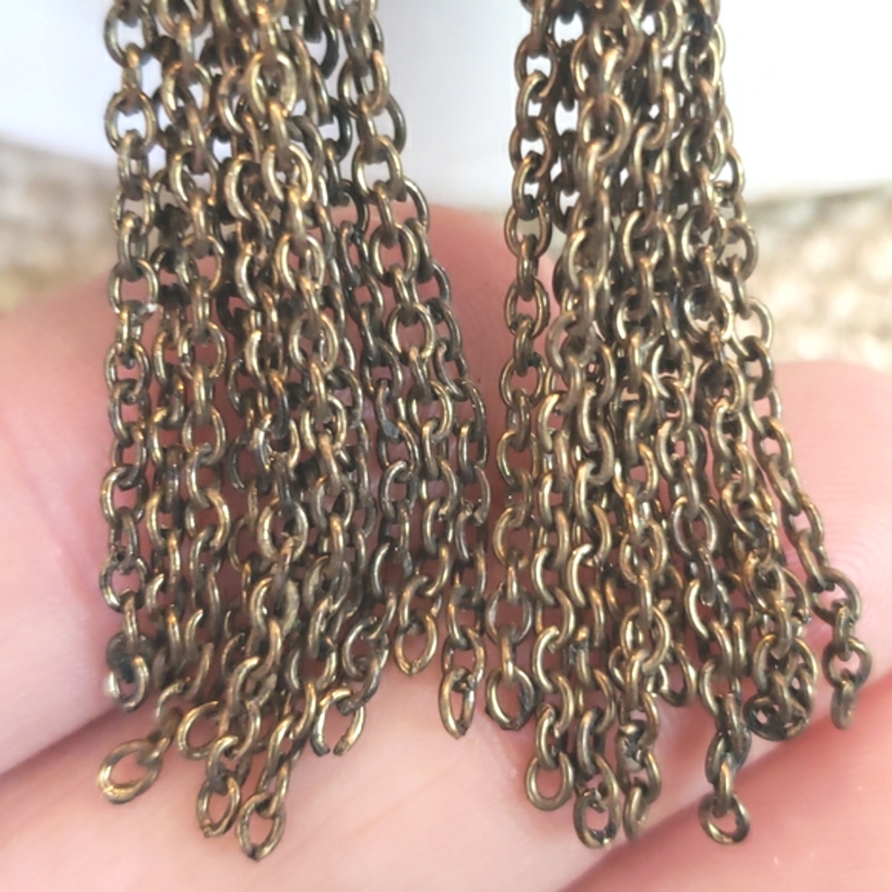 Vintage Gold Brass Chain Tassel Earrings • Marble Bead • Boho Statement Dangles - Picture 5 of 7